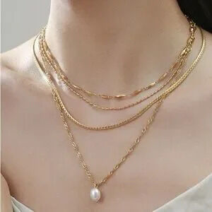 Gold Layered Necklace with Pearl Gift Dainty Minimalist